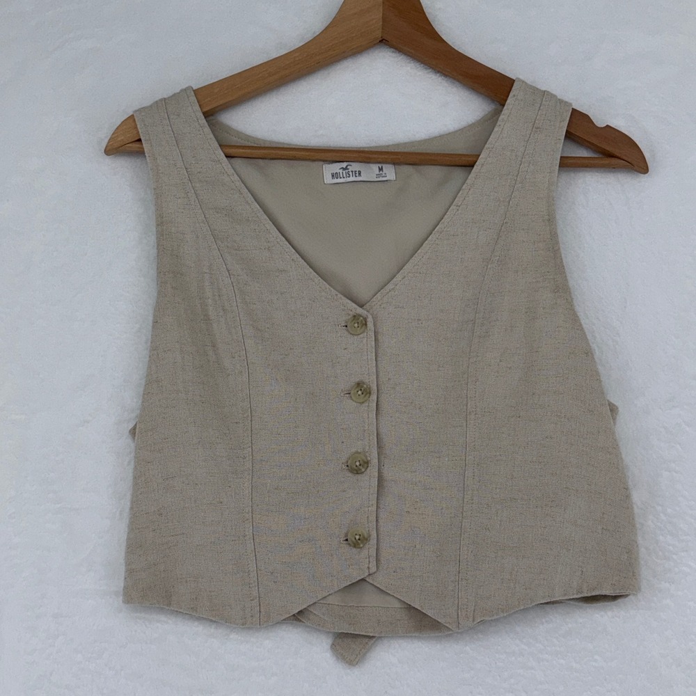 Hollister Linen Blend Cropped Vest Neutral Button Front Vneck y2k Minimalist Top